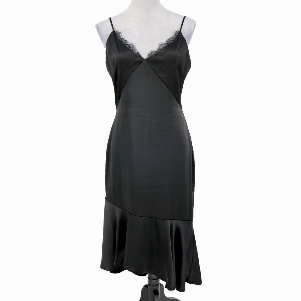 Skies Are Blue Dress Womens Medium Black Satin Lace Trim Lined Asymmetric Hem